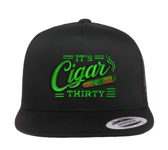 IT'S CIGAR THIRTY BLACK/NEON GREEN FLAT BILL TRUCKER SNAPBACK HAT