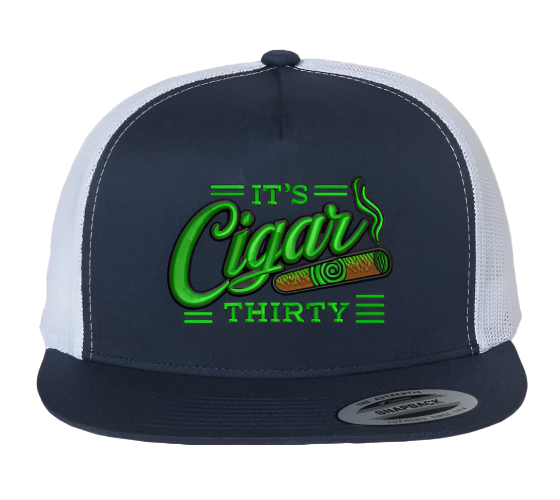 IT'S CIGAR THIRTY NAVY/NEON GREEN FLAT BILL TRUCKER SNAPBACK HAT
