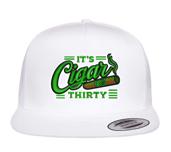 IT'S CIGAR THIRTY WHITE/NEON GREEN FLAT BILL TRUCKER SNAPBACK HAT
