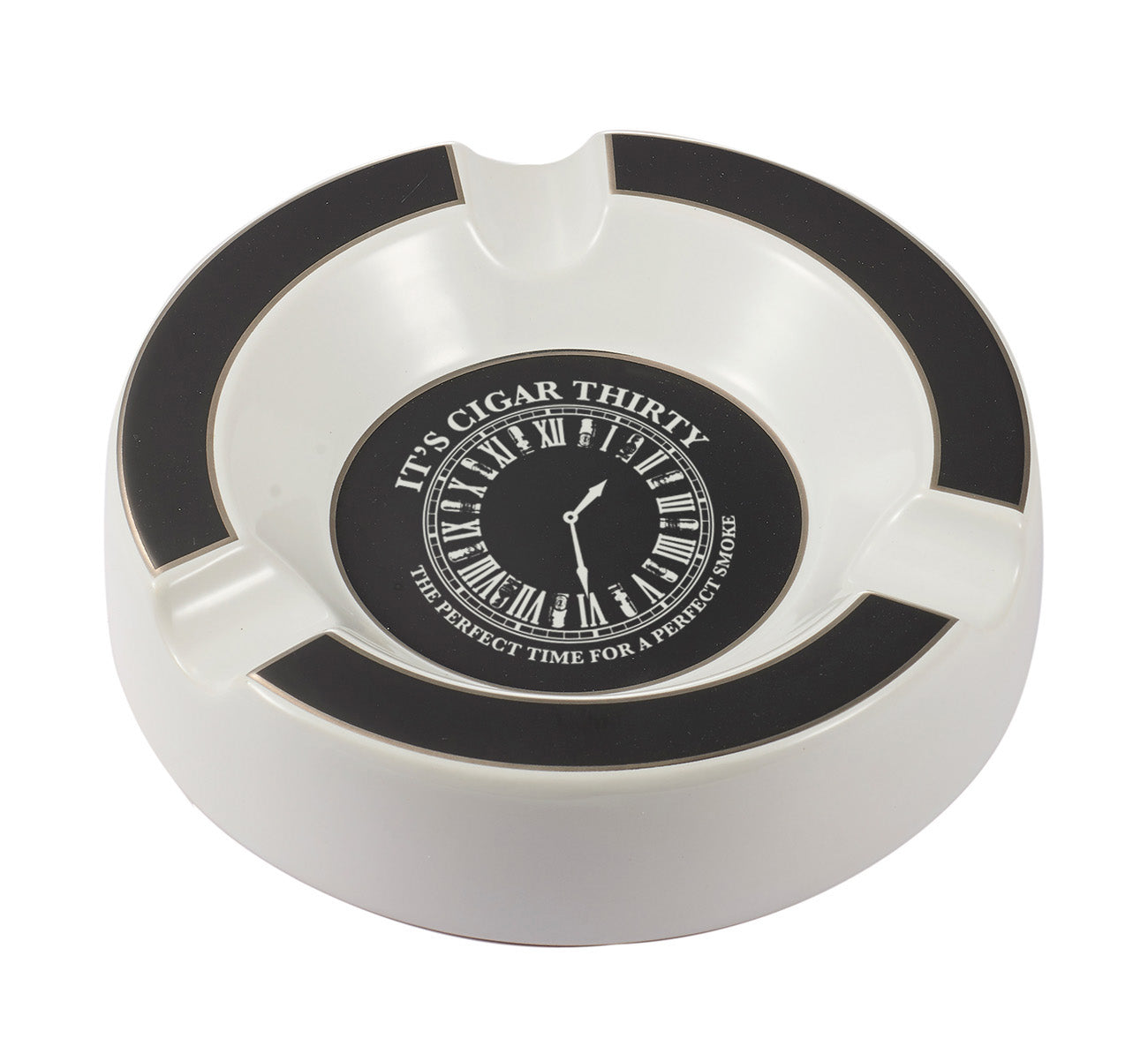 IT'S CIGAR THIRTY WHITE & BLACK CIRCULAR ASHTRAY