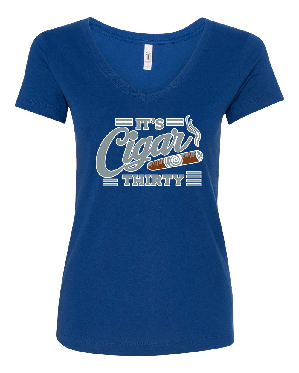IT'S CIGAR THIRTY WOMEN'S BLUE & SILVER V-NECK T-SHIRT