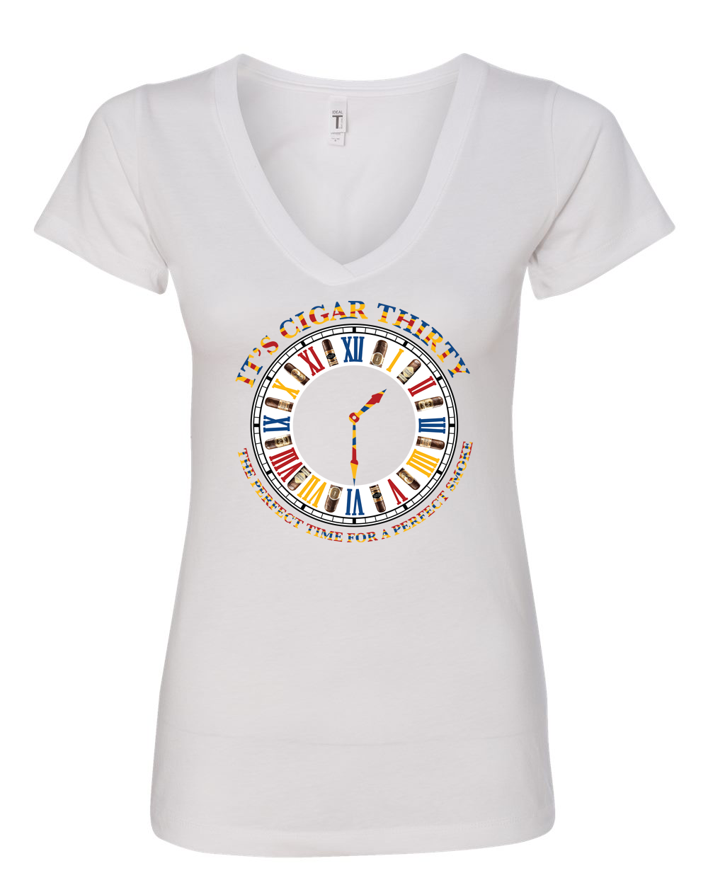 IT'S CIGAR THIRTY WOMEN'S WHITE  MULTICOLOR V-NECK T-SHIRT
