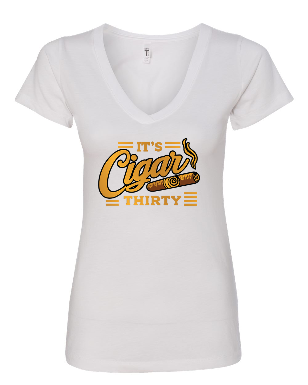 IT'S CIGAR THIRTY WOMEN'S WHITE & GOLD V-NECK T-SHIRT