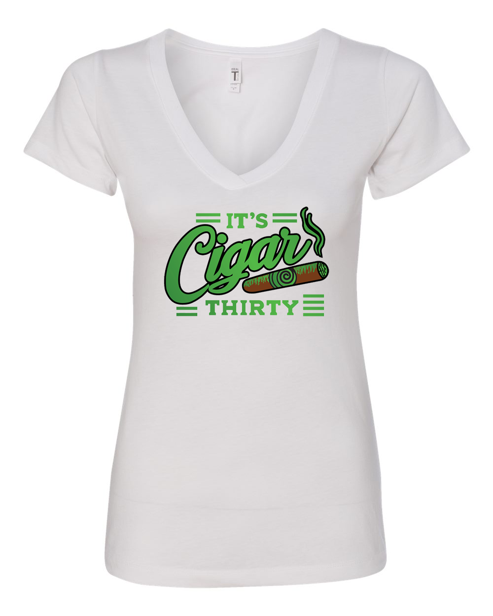 IT'S CIGAR THIRTY WOMEN'S WHITE & GREEN V-NECK T-SHIRT