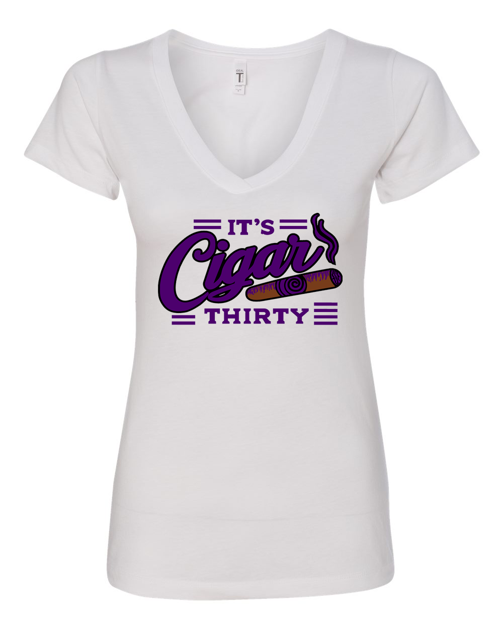 IT'S CIGAR THIRTY WOMEN'S WHITE & PURPLE V-NECK T-SHIRT