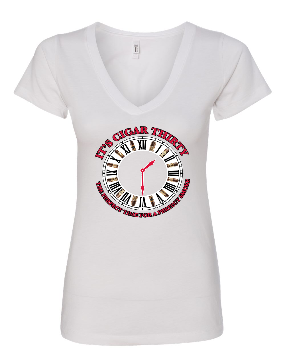 IT'S CIGAR THIRTY WOMEN'S WHITE & RED V-NECK T-SHIRT