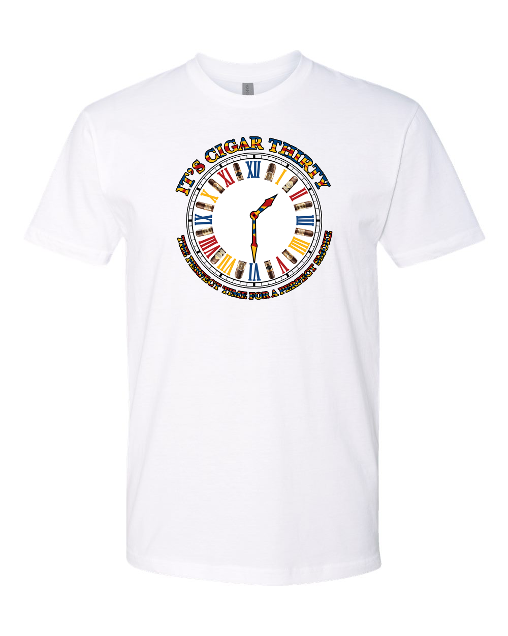 White t-shirt with a colorful clock design on a white background
